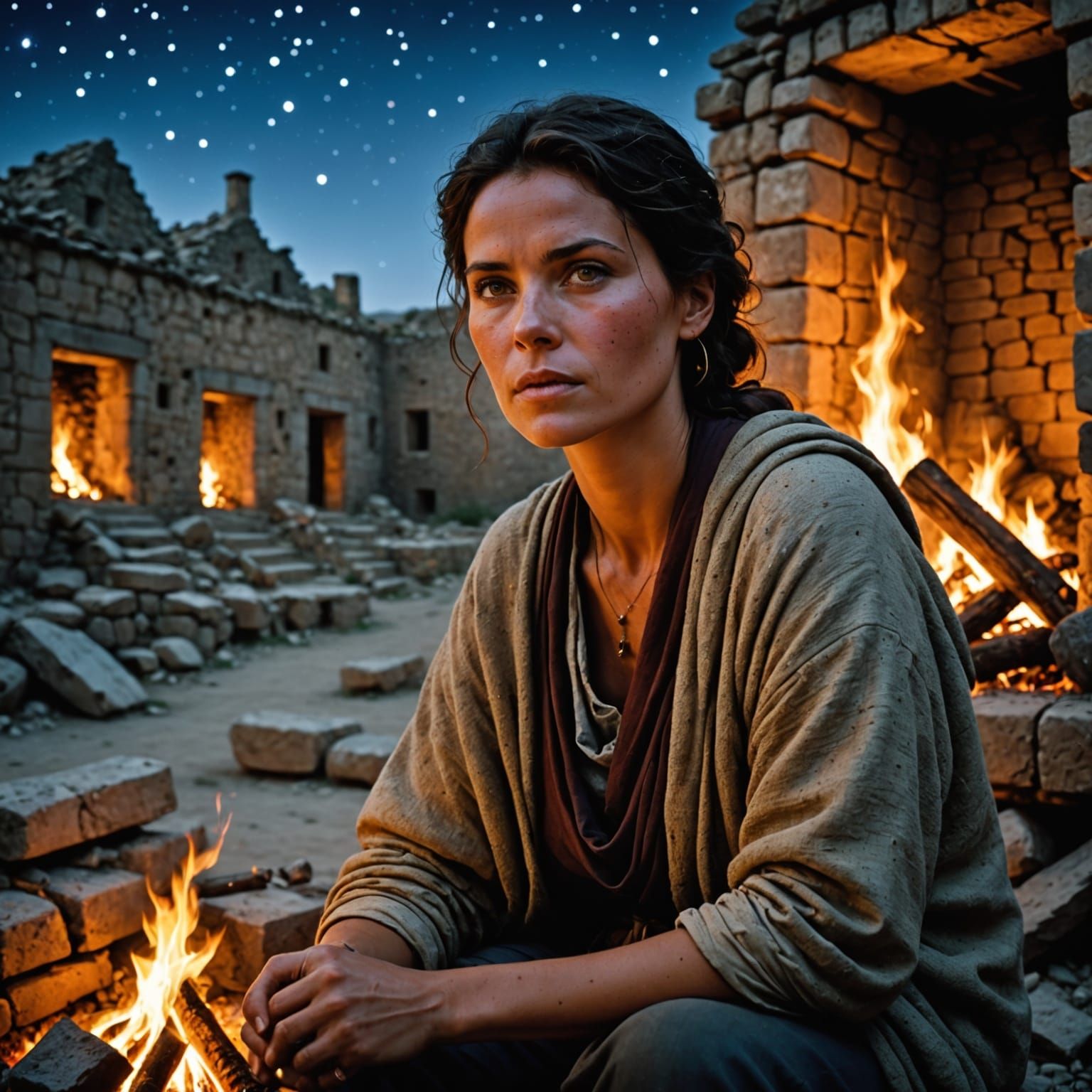 Traveler Resting by Fire in Ancient Ruins