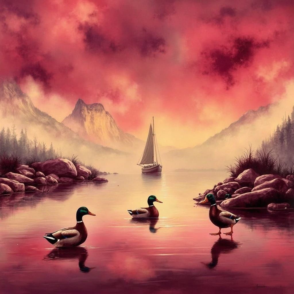 Mallard Ducks Play in Rocky River Landscape