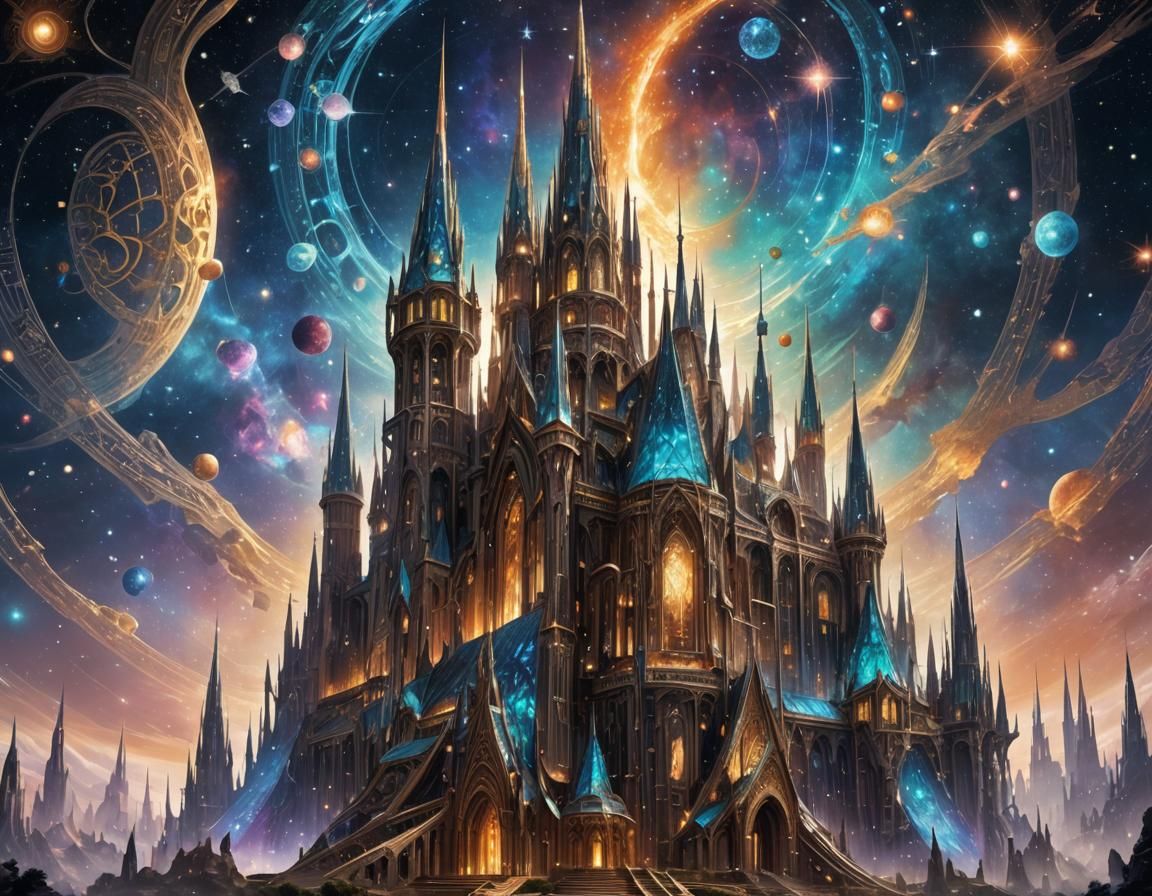 Celestial Arcanum: Crystalline Spires in Cosmic Space