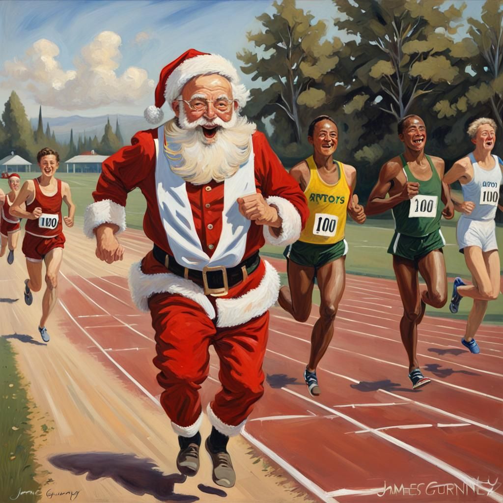 Santa Claus Runs Track: Oil Painting Style