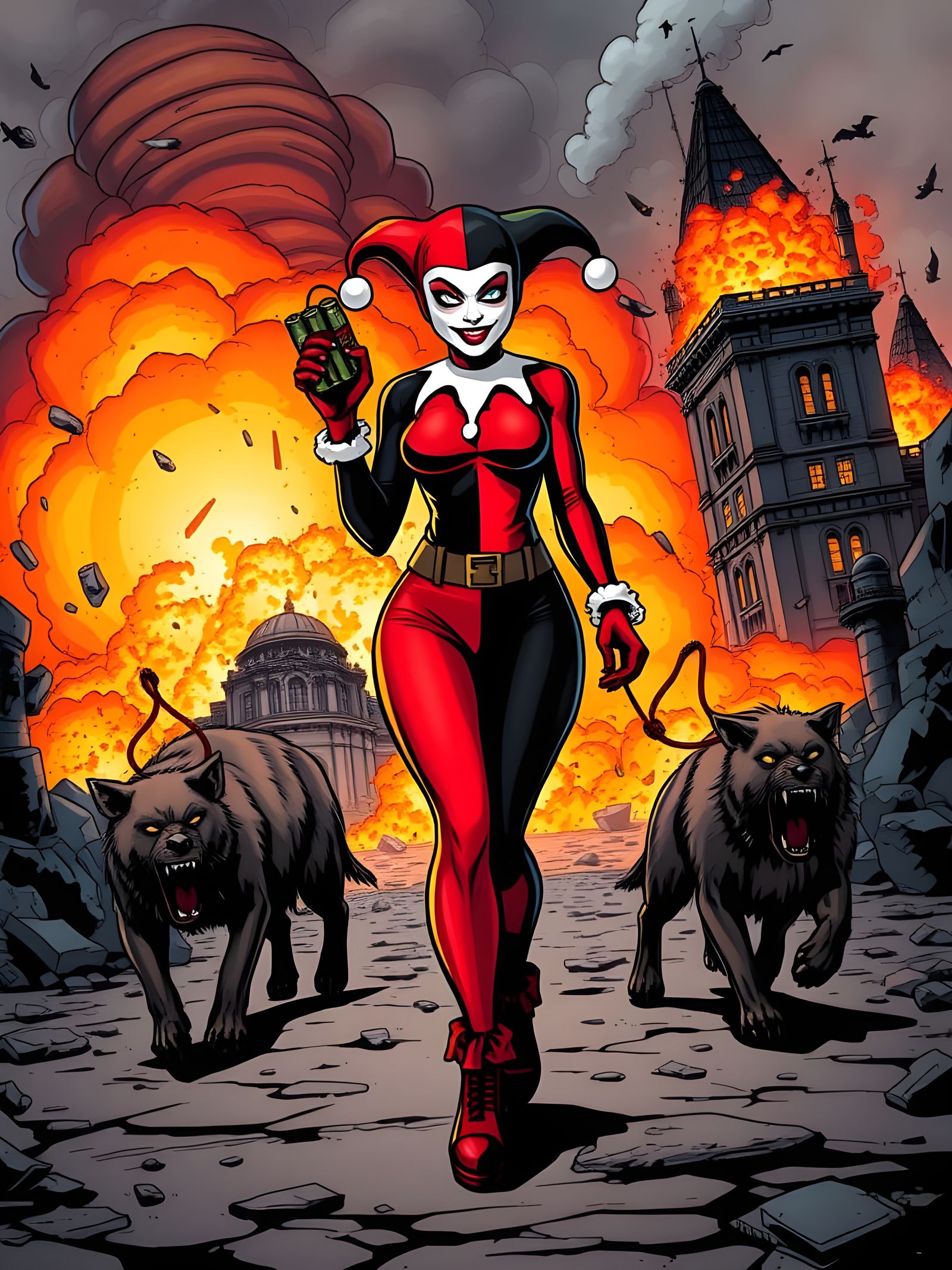 Harley Quinn's Explosive Exit: A DC Comic Book Scene