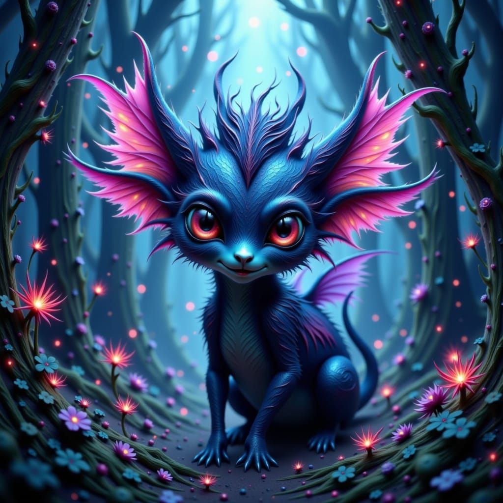 Fantastical Creature in Bioluminescent Forest