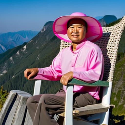 Chinese Man in Pink Hat on Mountain