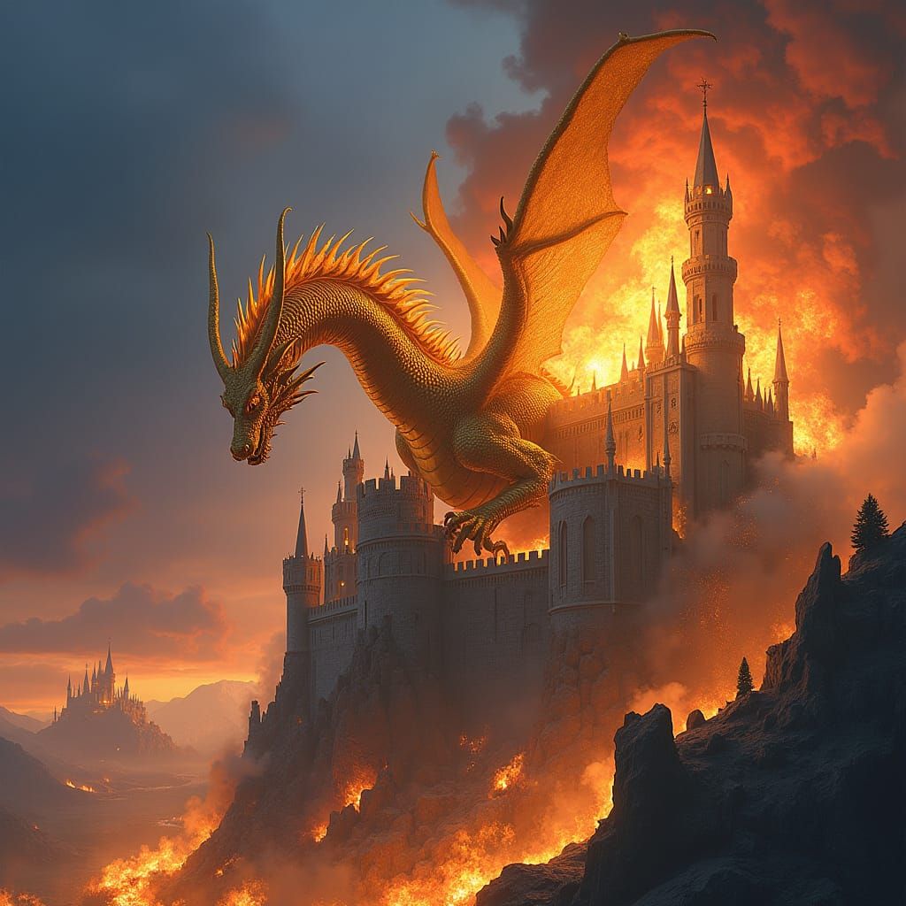 Golden Dragon Engulfs Castle in Flames: Digital Art