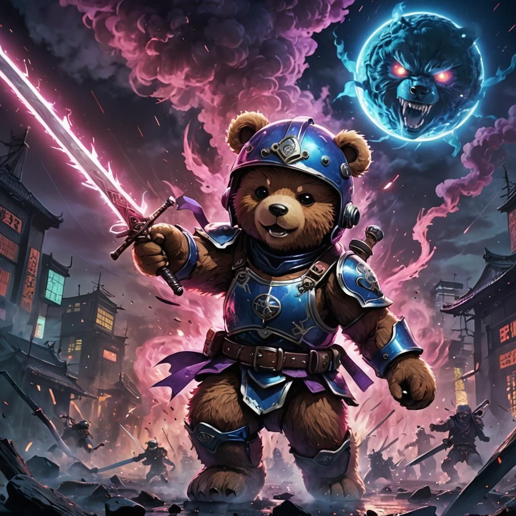 Anime Teddy Bear's Epic Battle in Neon