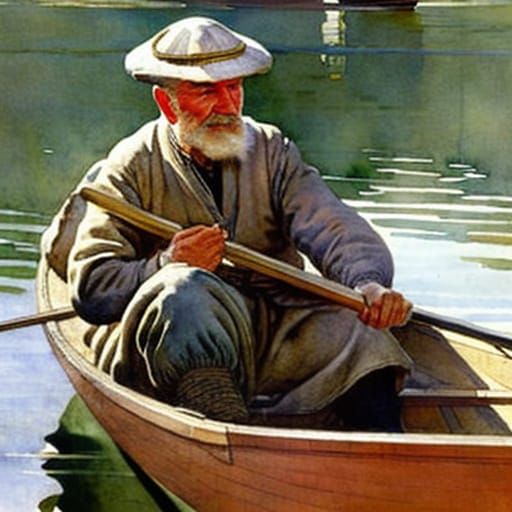 Fisherman in Rowboat: Watercolor Painting