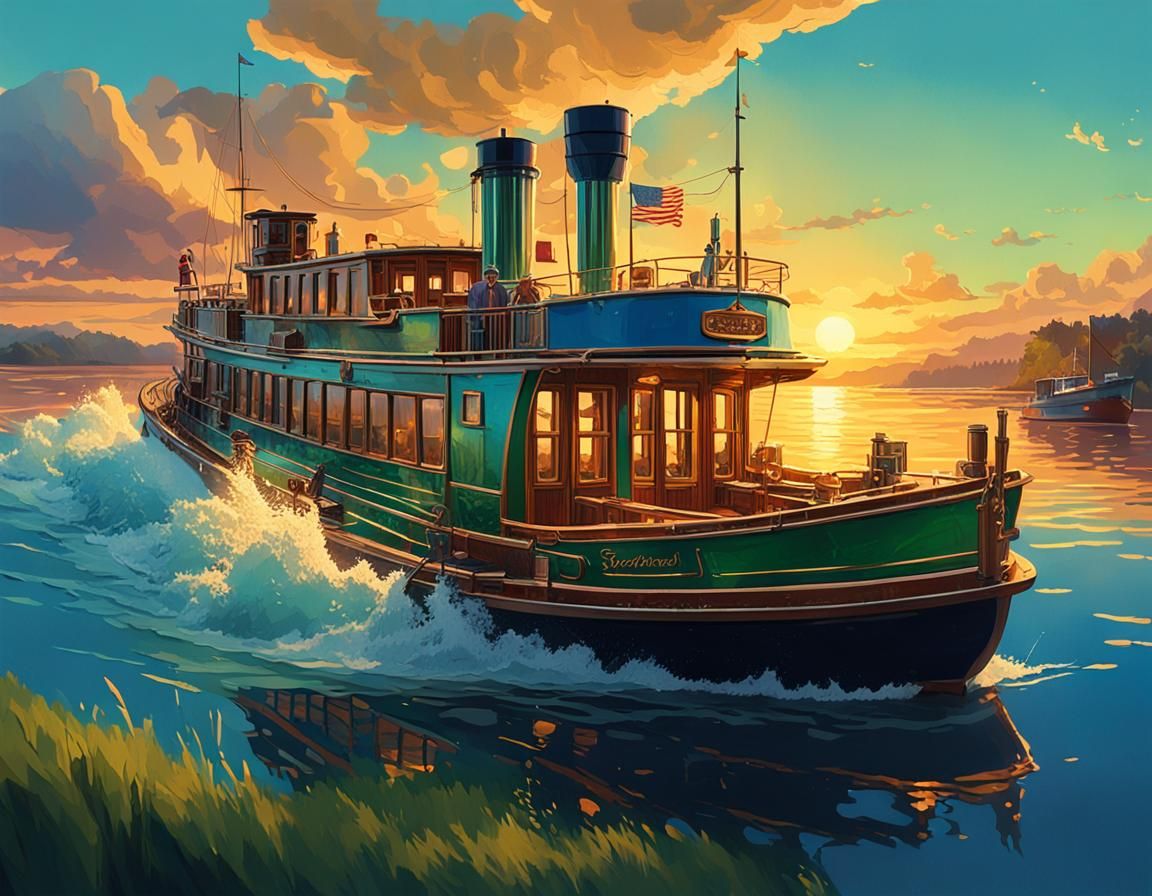 Hyperrealistic Steamboat Concept Art in Golden Hour