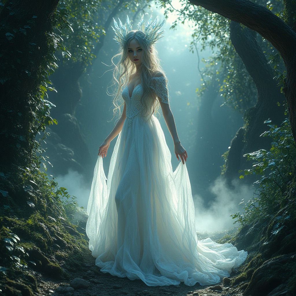 Ethereal Woman in Moonlit Forest, Mystical Realism