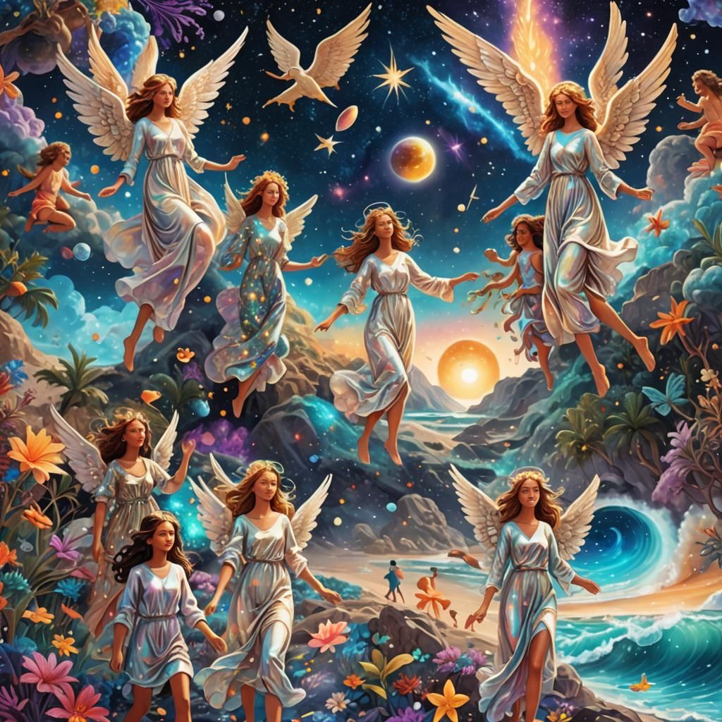 Angels Visit the Beach: Cosmic Astral Illustration