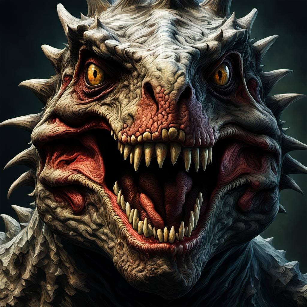 Grotesque Dinosaur Face in Impasto Style