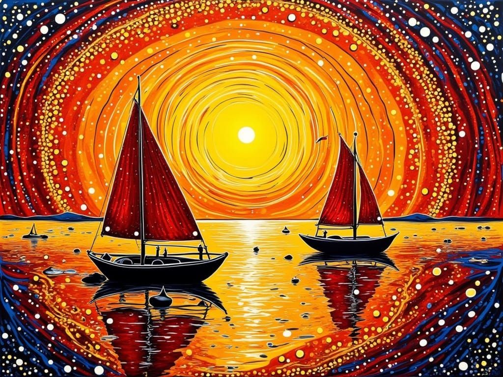 Impressionist Sailboats in Vibrant Pointillist Sunset