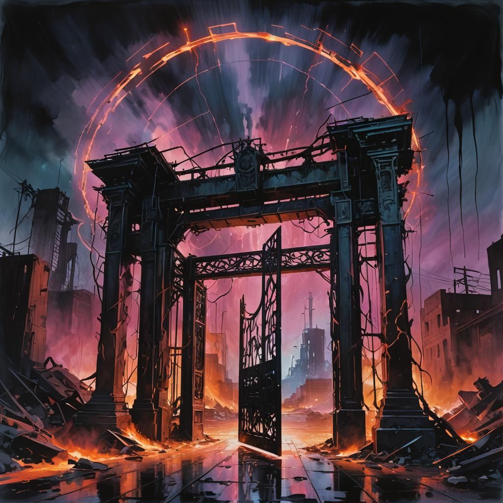 Surreal Watercolor Breach Portal Gate in Neon-Lit Darkness