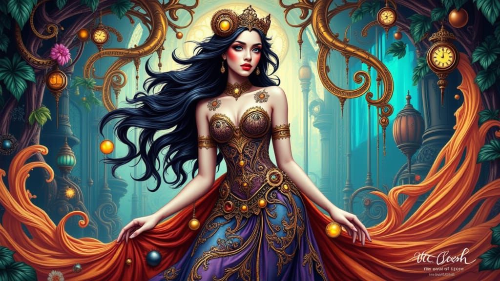 Regal Steampunk Goddess in Neon Splendor