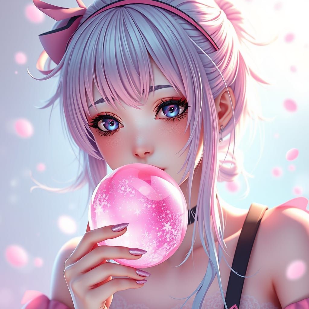 Vibrant Pastel-Haired Anime Heroine Blows Shimmering Pink Bu...