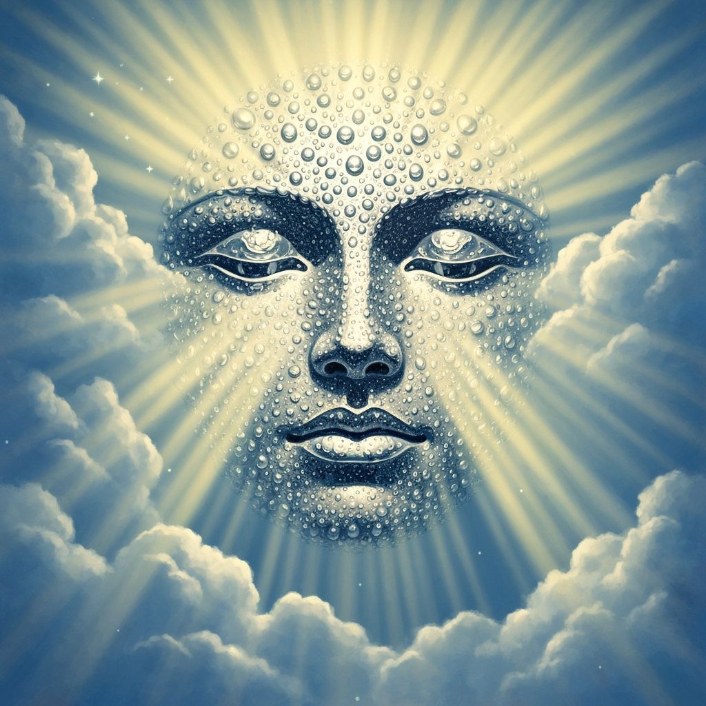 Divine Face Formed by Mercury Drops in Ethereal Clouds