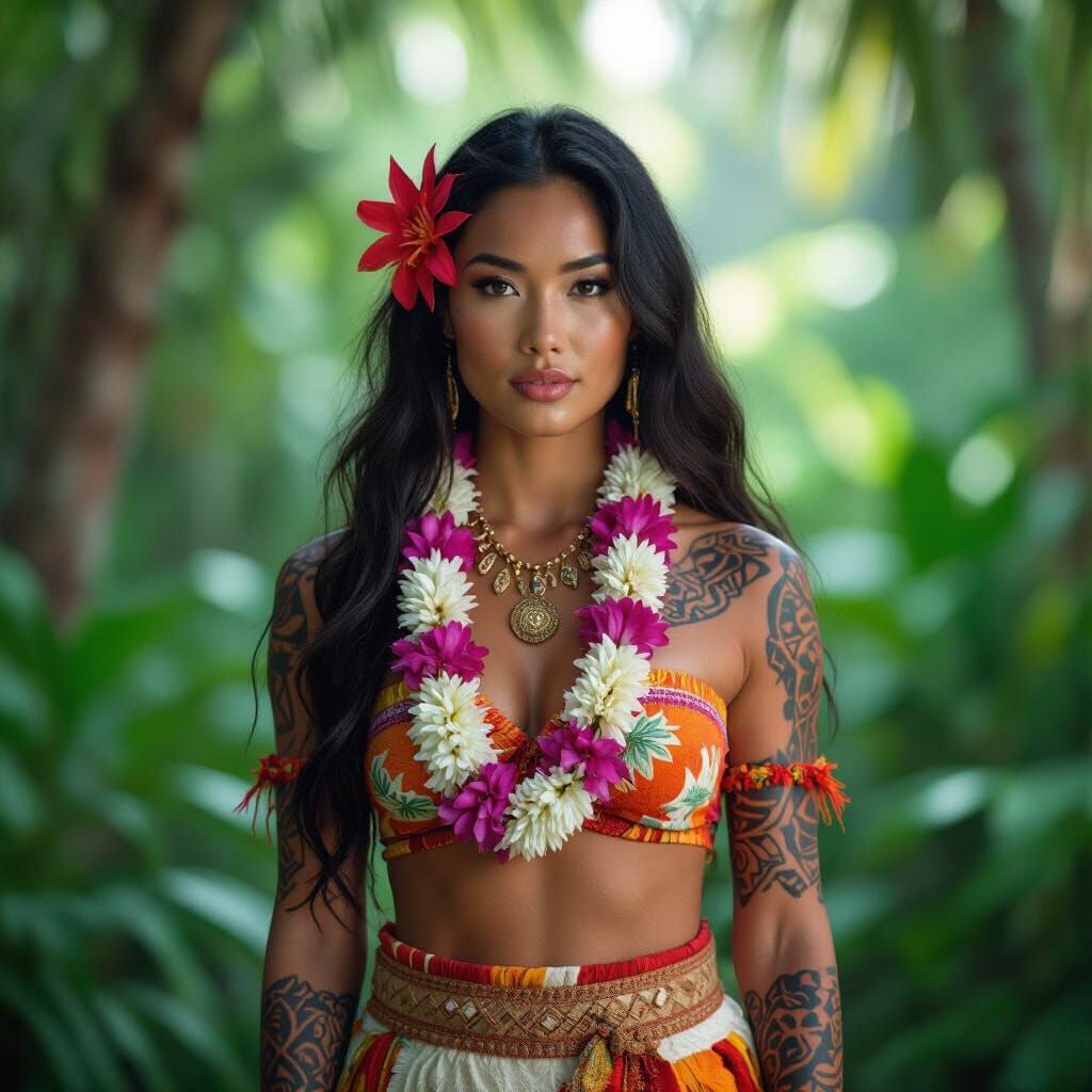 Polynesian Woman with Tattoos in Tropical Setting