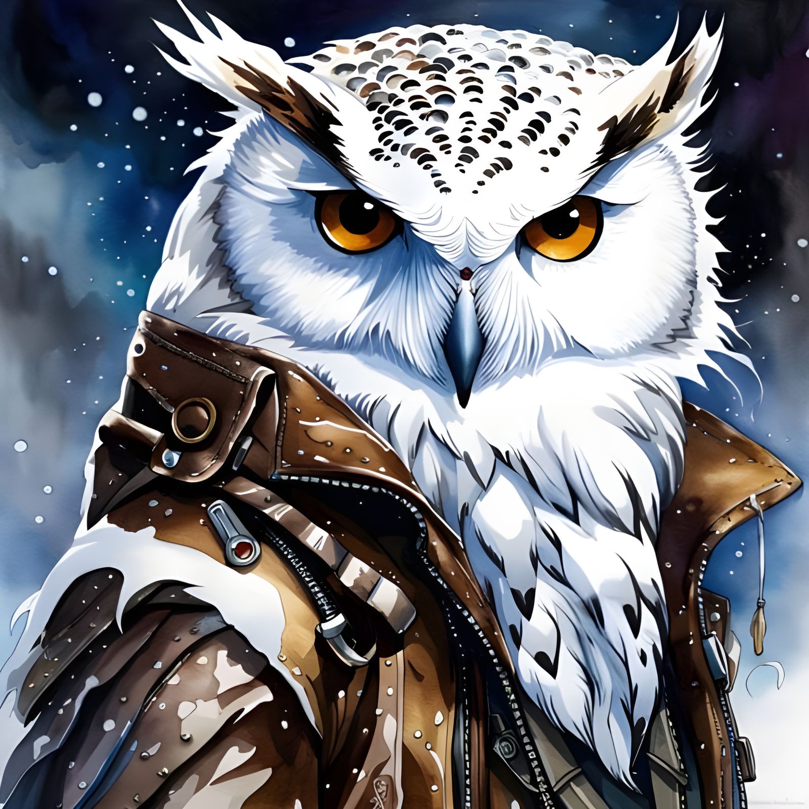 Cyberpunk Snowy Owl Portrait in Watercolor Style