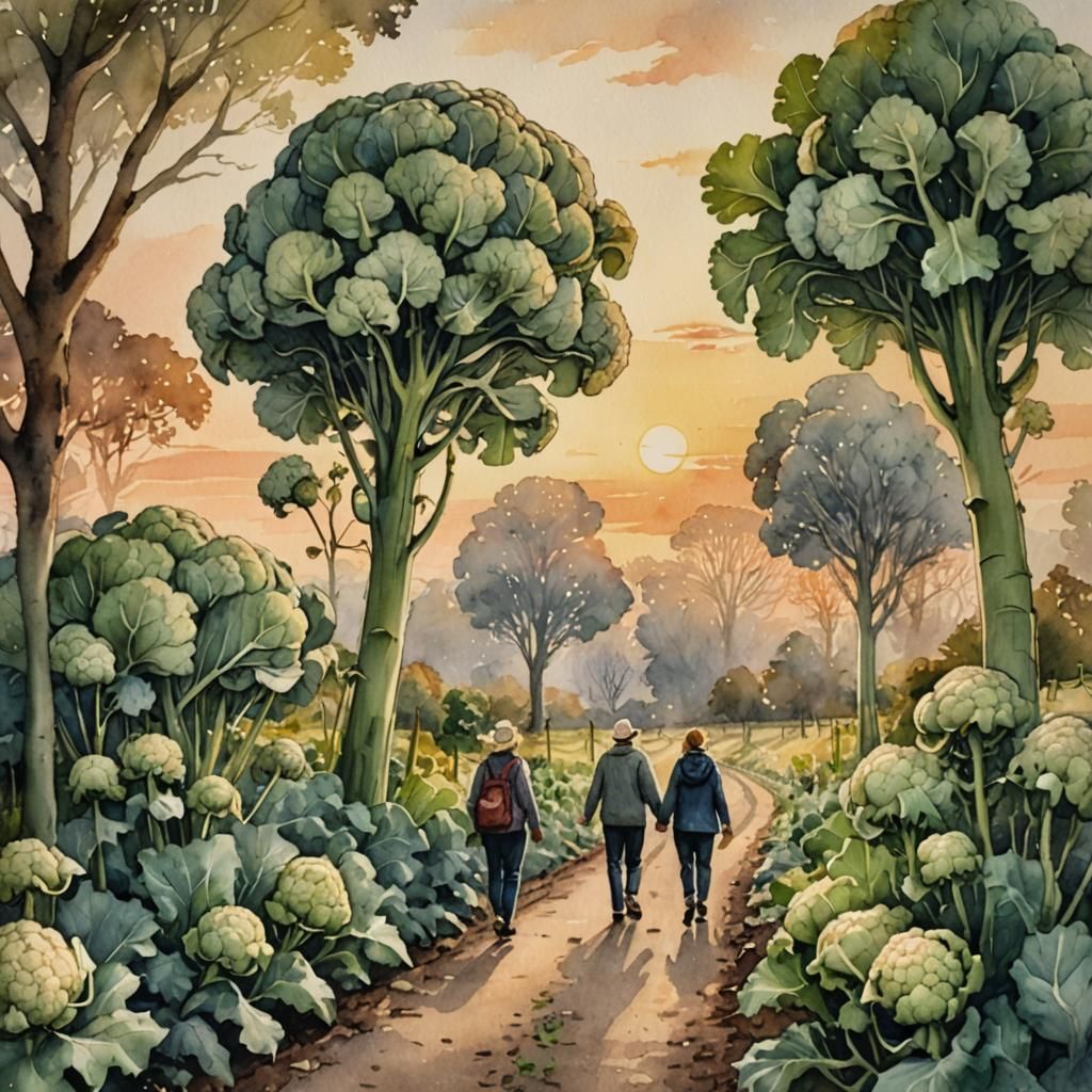 Giant Cauliflower Stalks in a Sunset Park: Watercolour