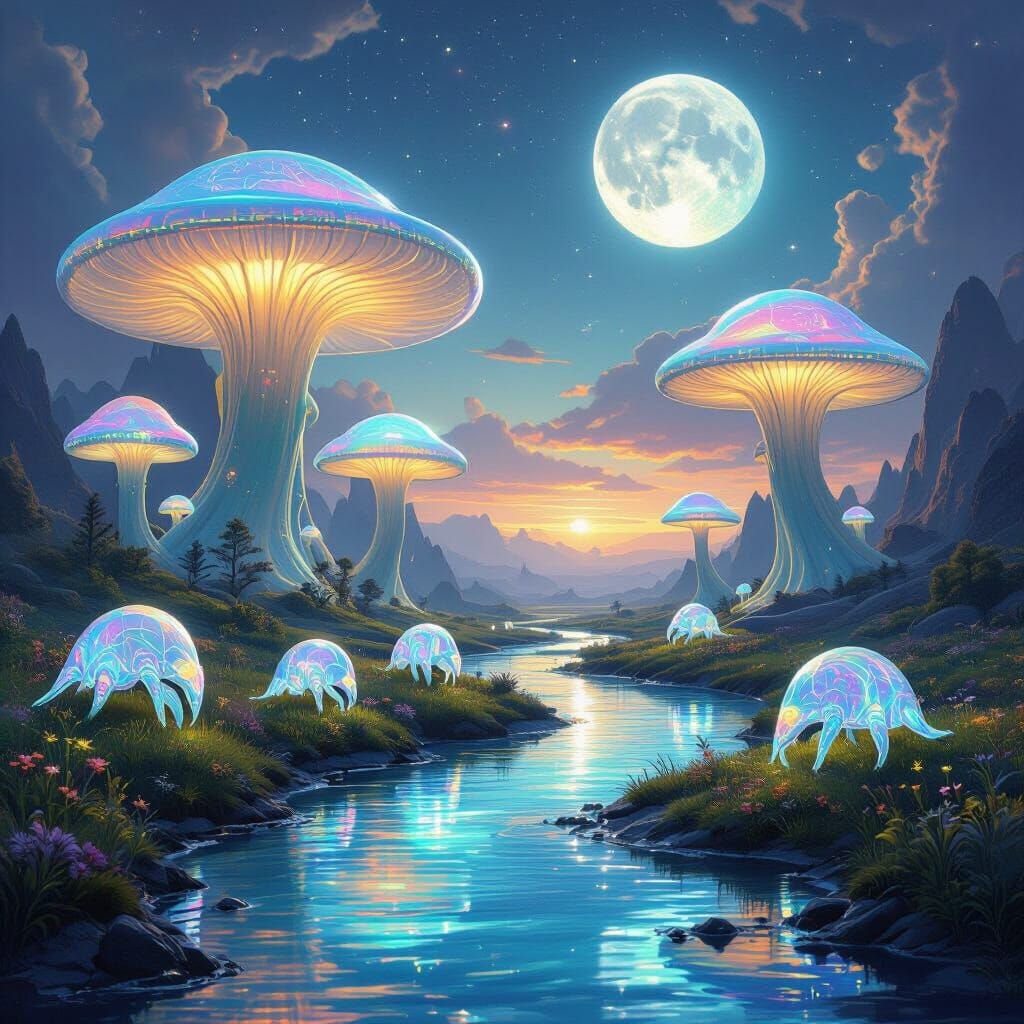 Bioluminescent Alien World with Crystal Creatures