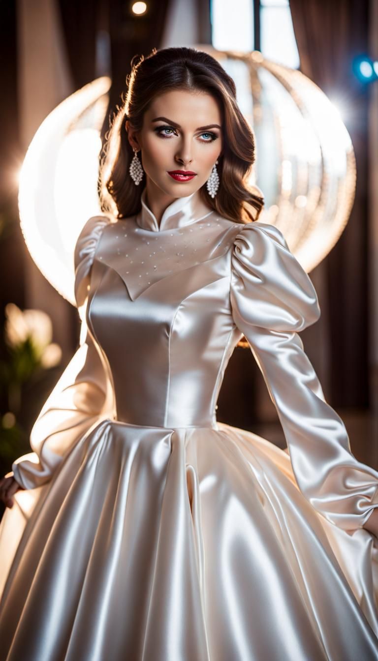Woman in Satin Gown with Puff Sleeves