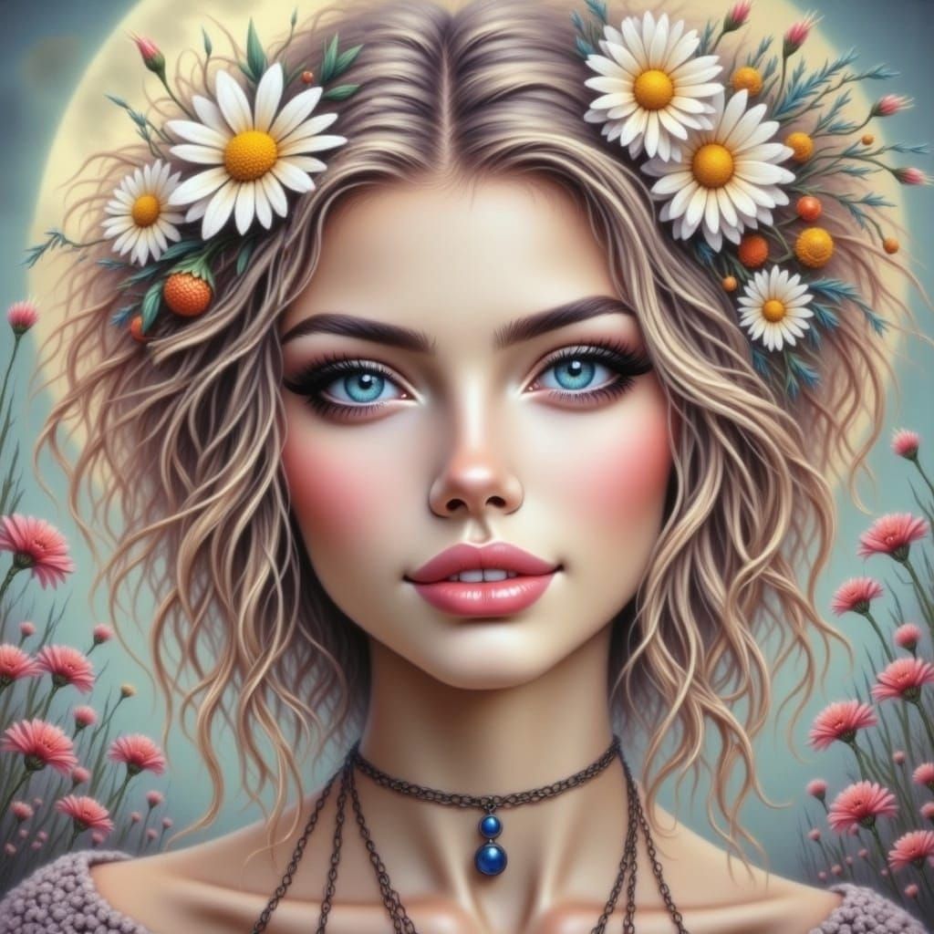 Gothic Dream Girl with Daisies and Full Moon