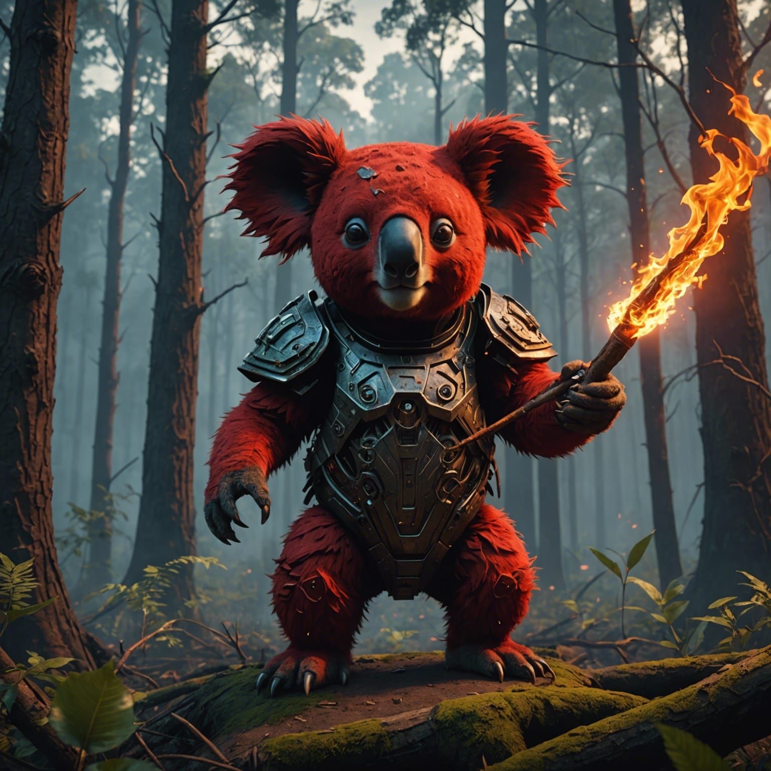 Metal Red Koala Burning Forest, Detailed Matte Painting