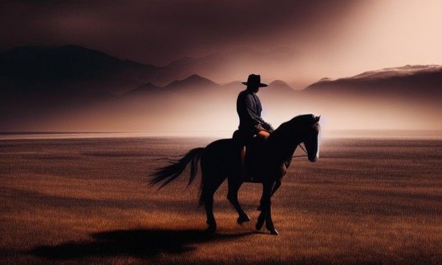 Gunslinger on Horseback in Ominous Dark Academia Landscape