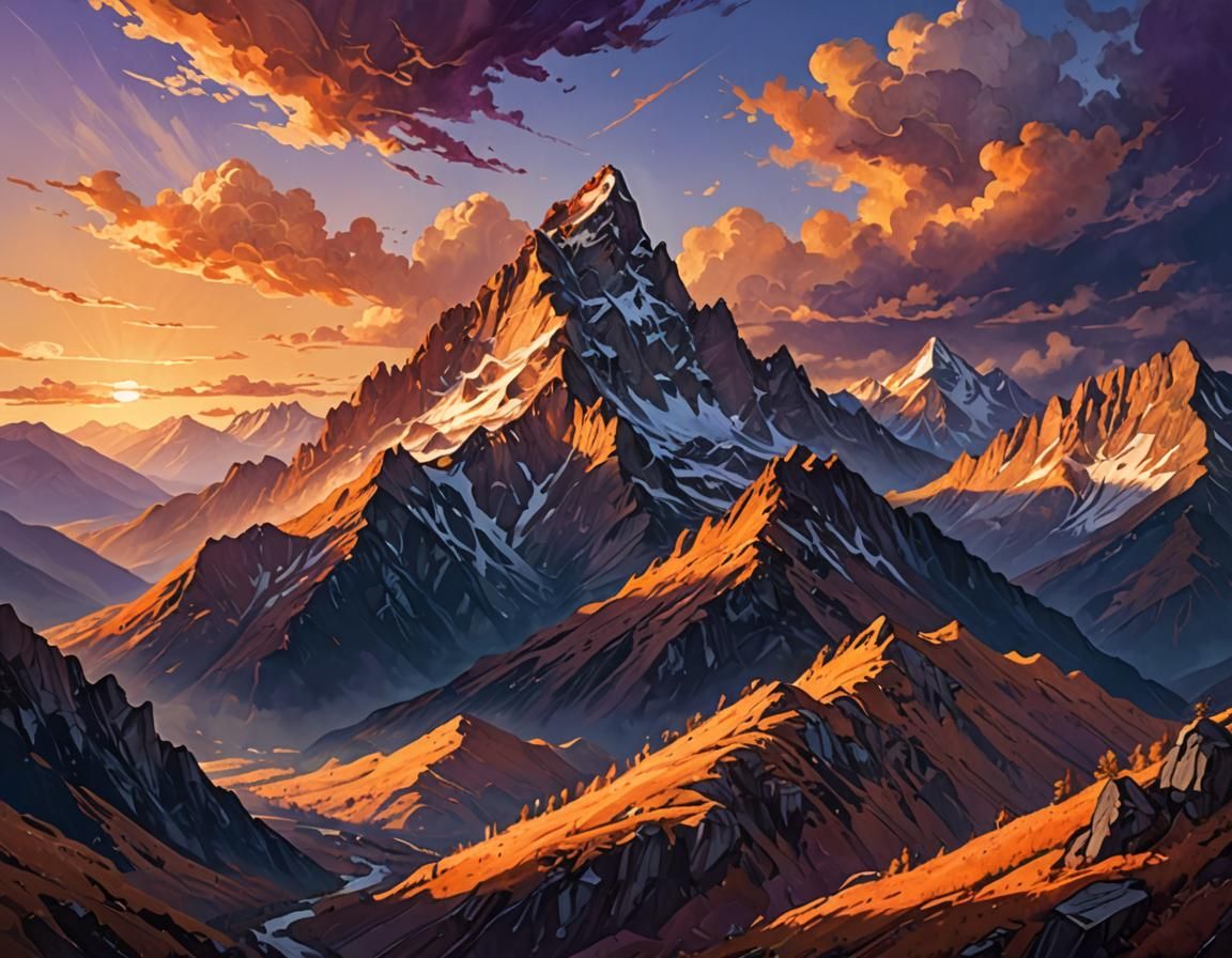 Serene Mountain Range at Sunset in Painterly Realism