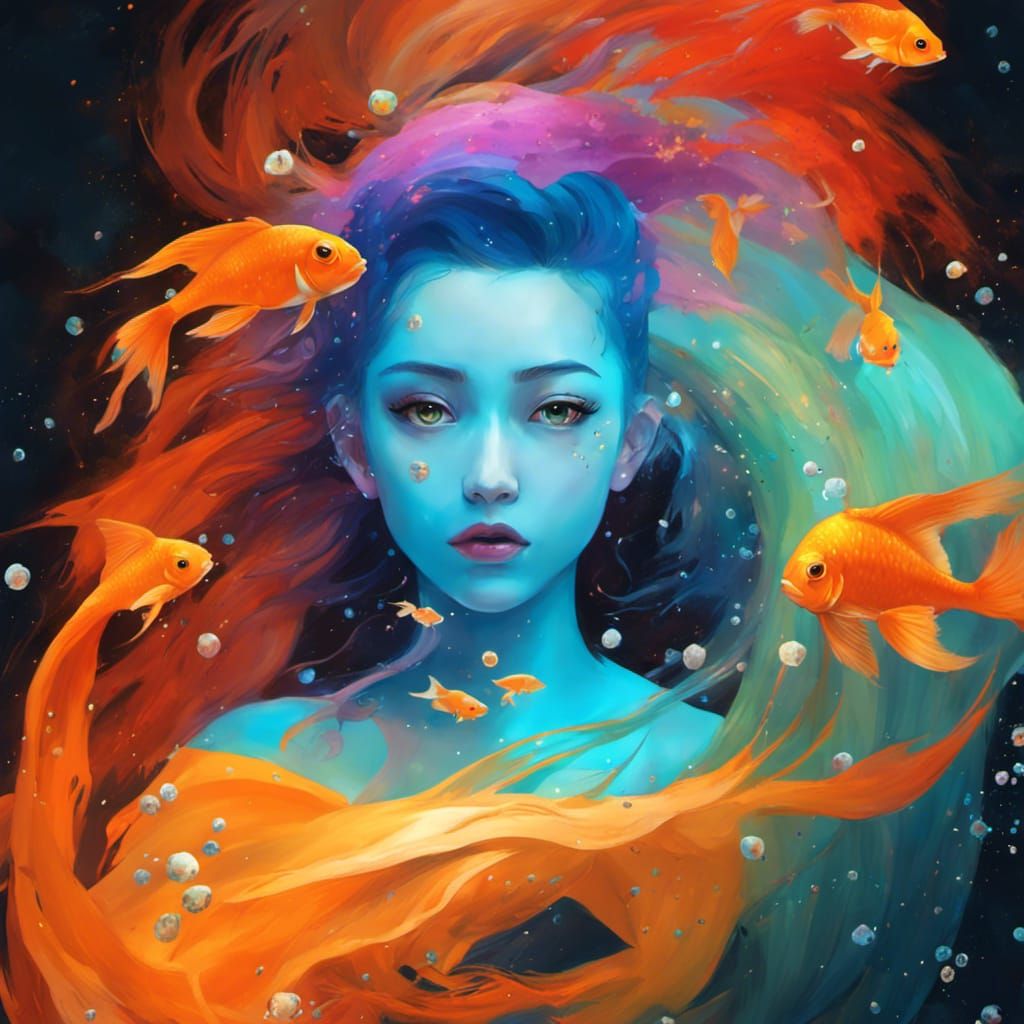 Punk Woman with Flying Goldfish in Cosmic Nebula