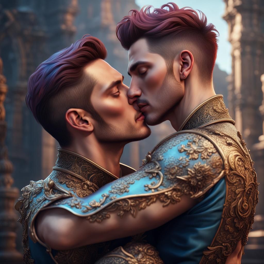 Romantic Embrace: Two Men in a Fantasy Painting