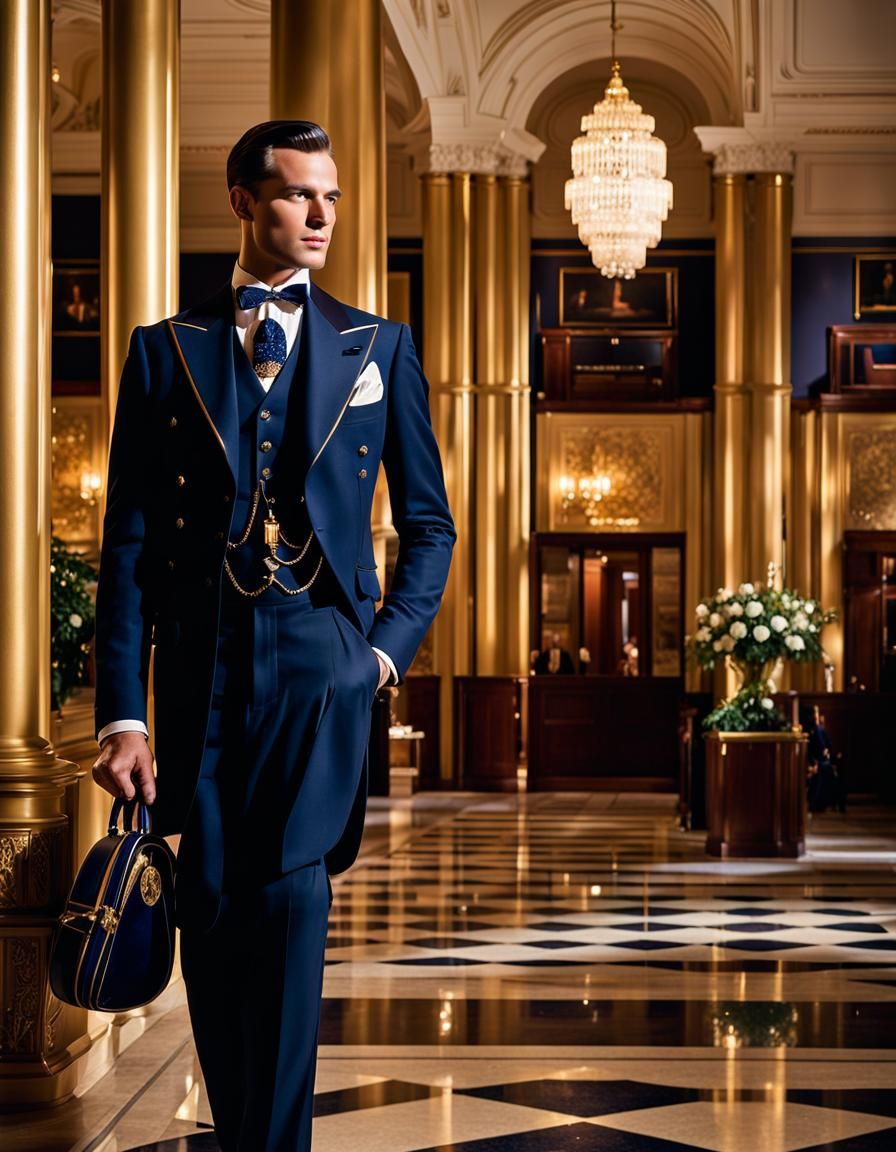 Elegant Gentleman in Art Deco Hotel Lobby