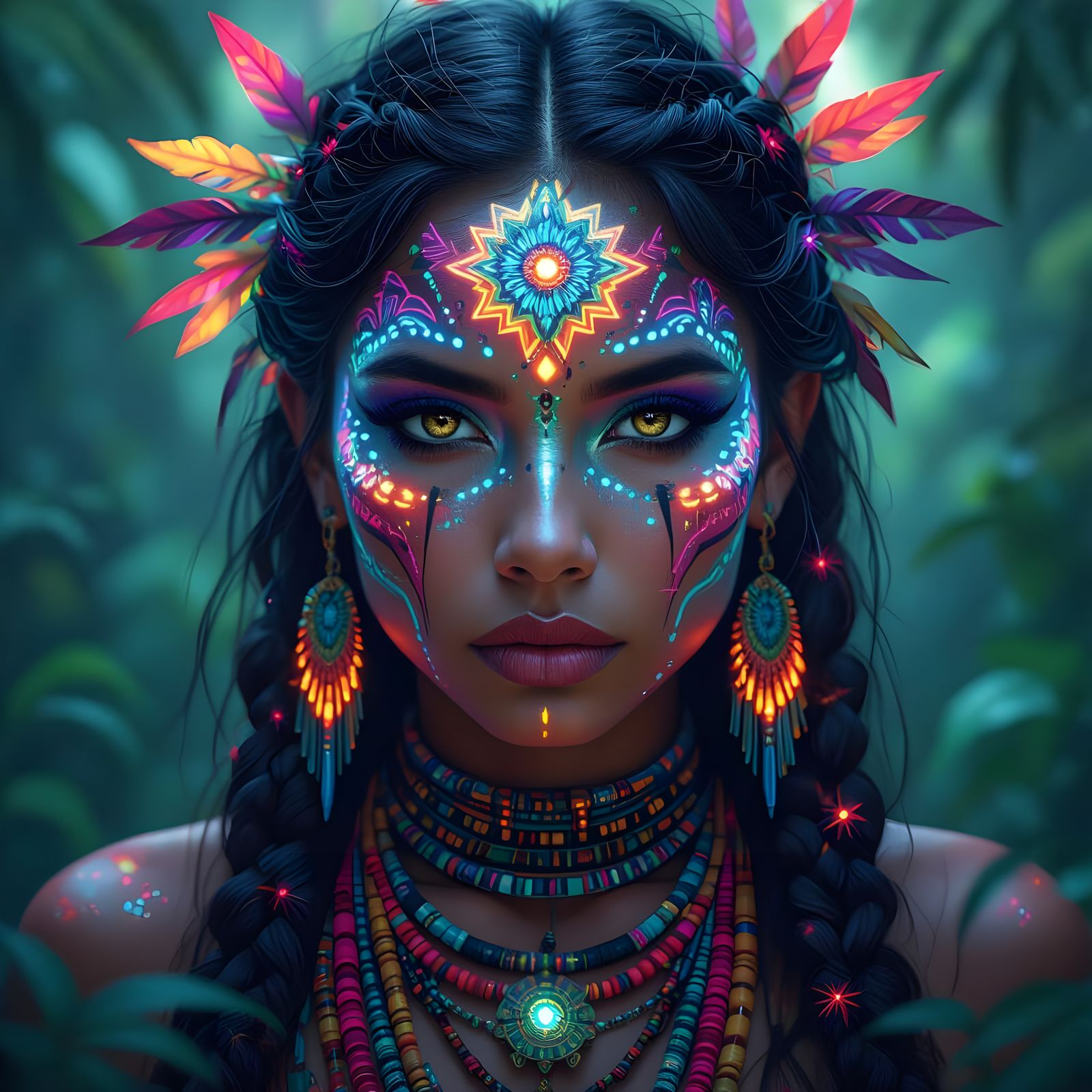 Tribal Woman with Fractal Face Paint in Bioluminescent Jungl...