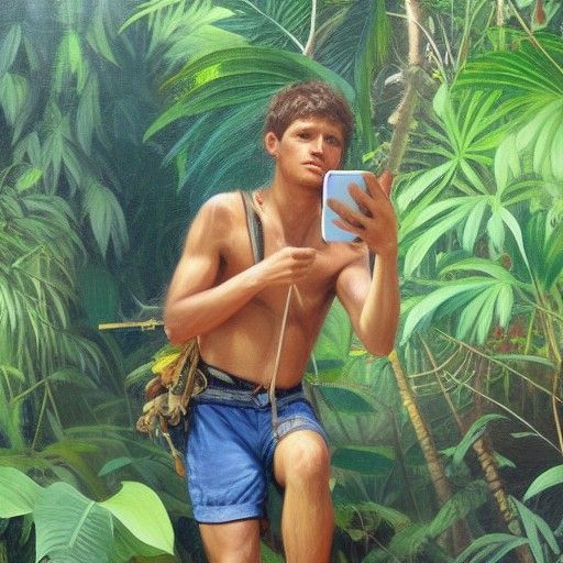 Jungle Traveler with iPhone: Oil Painting Style