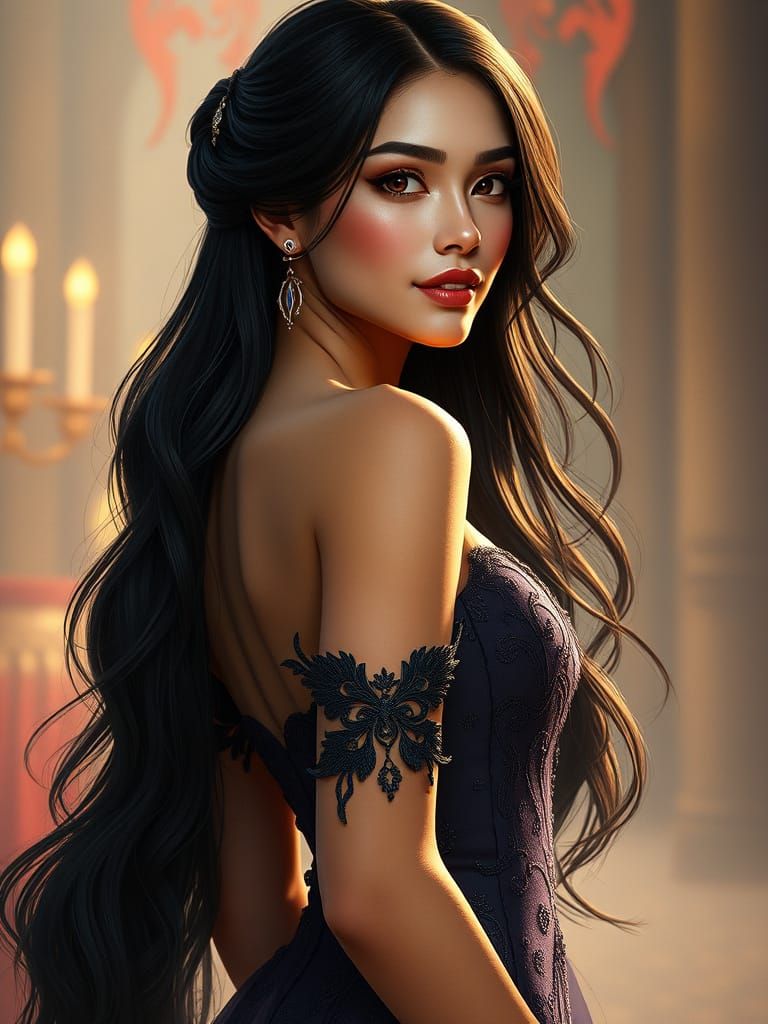 Elegant Woman in High-Fashion Gown with Raven-Black Hair