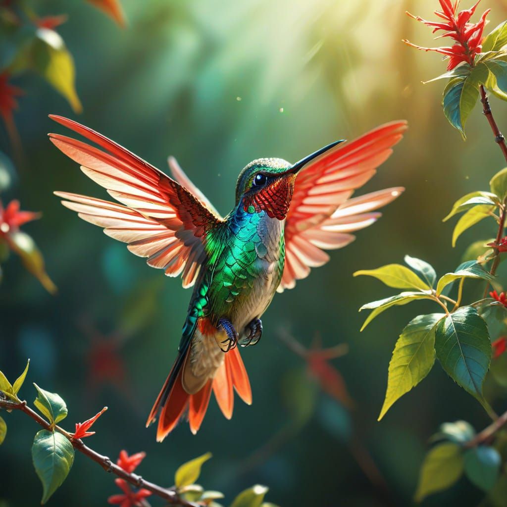 Red and Green Hummingbird in Hyper-Realistic Digital Art