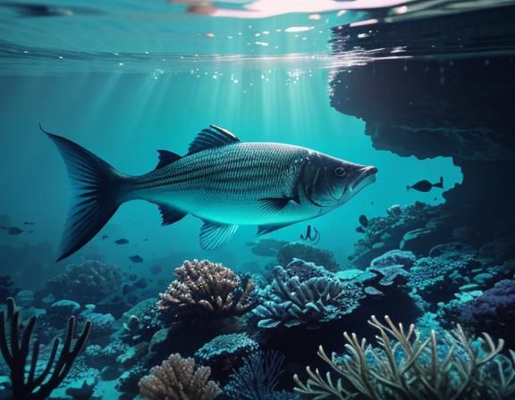 A bass fish swimming free with (five fishing lures hanging f...