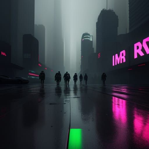 Dystopian Sci-Fi Street Scene in Neon Noir Style