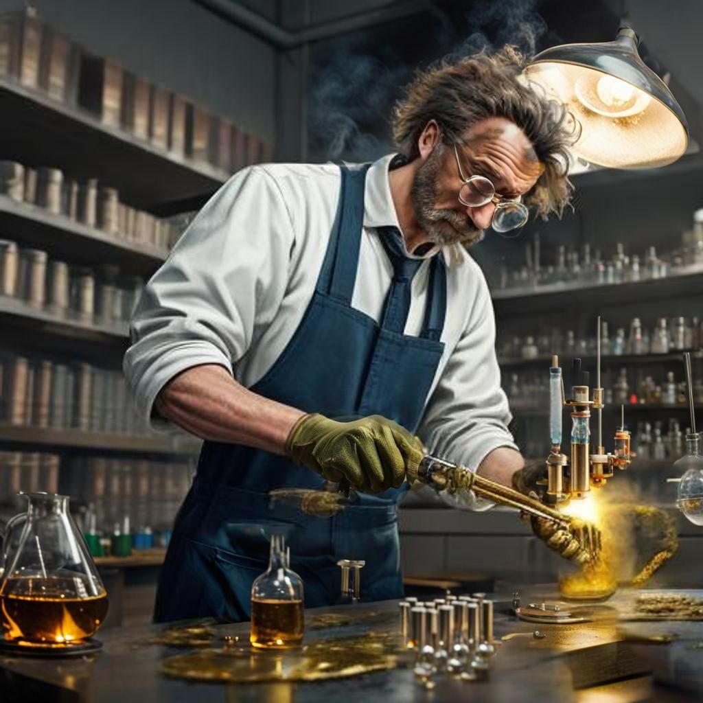 An Alchemist in his lab making Gold from lead. The shelves are lined with mysterious ingredients in various sized glass ...