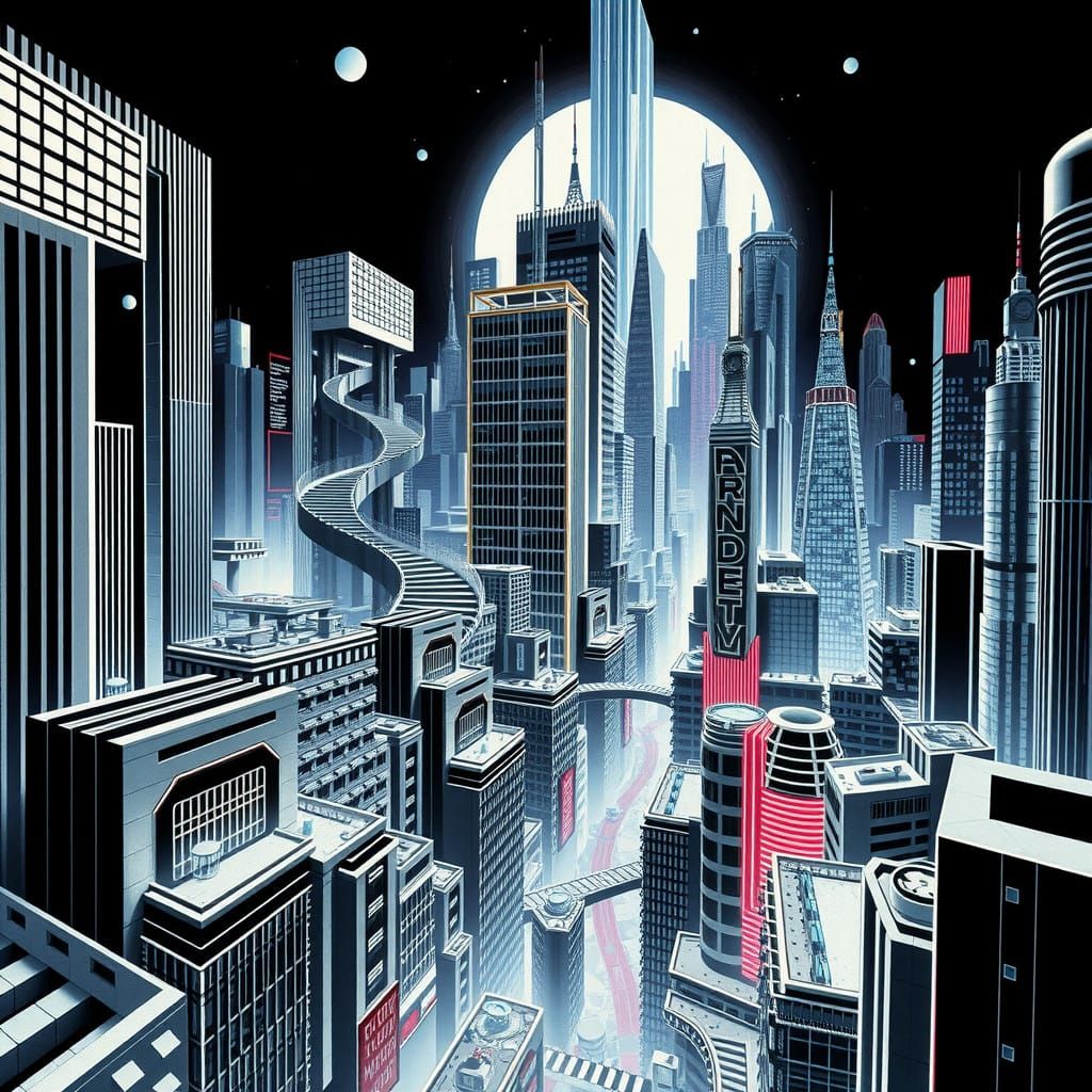 Surreal Metropolis with Escher-Inspired Staircases and Riley...