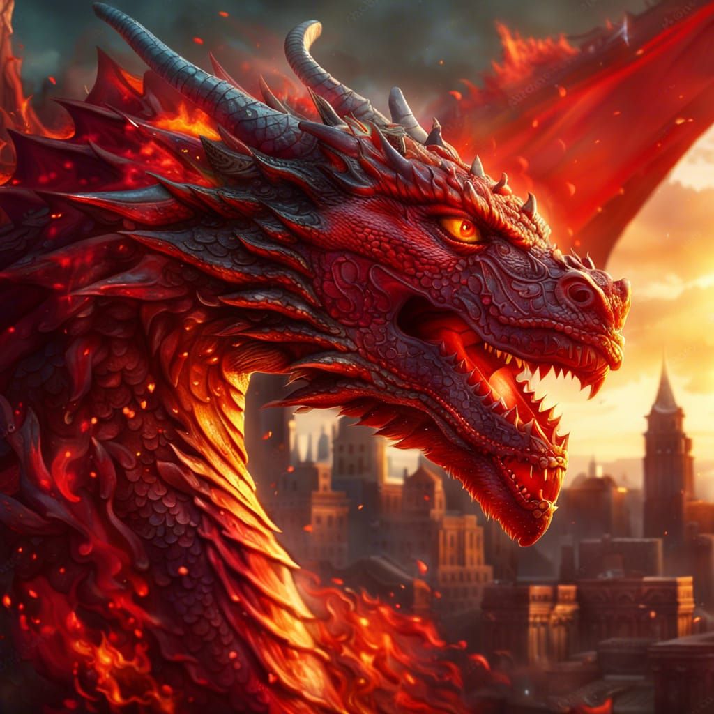 A Red Dragon breathing out fire which is making a miniature ...