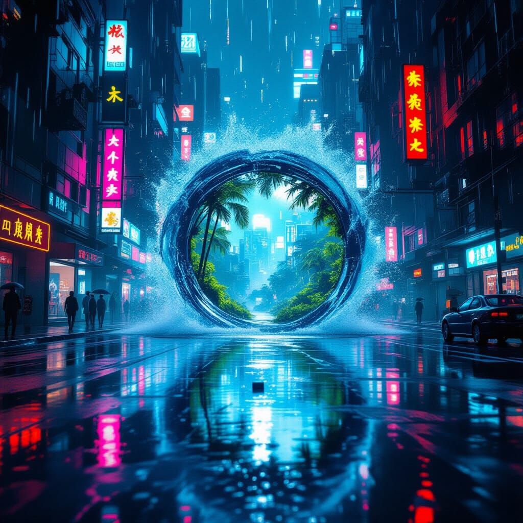 Cyberpunk City Portal to Alien Jungle