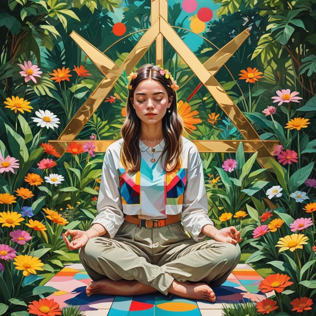 Pop Art Meditation Scene with Geometric Shapes