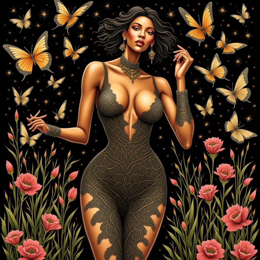 Stunning Woman in Fractal-Inspired Artistry with Gothic Flor...