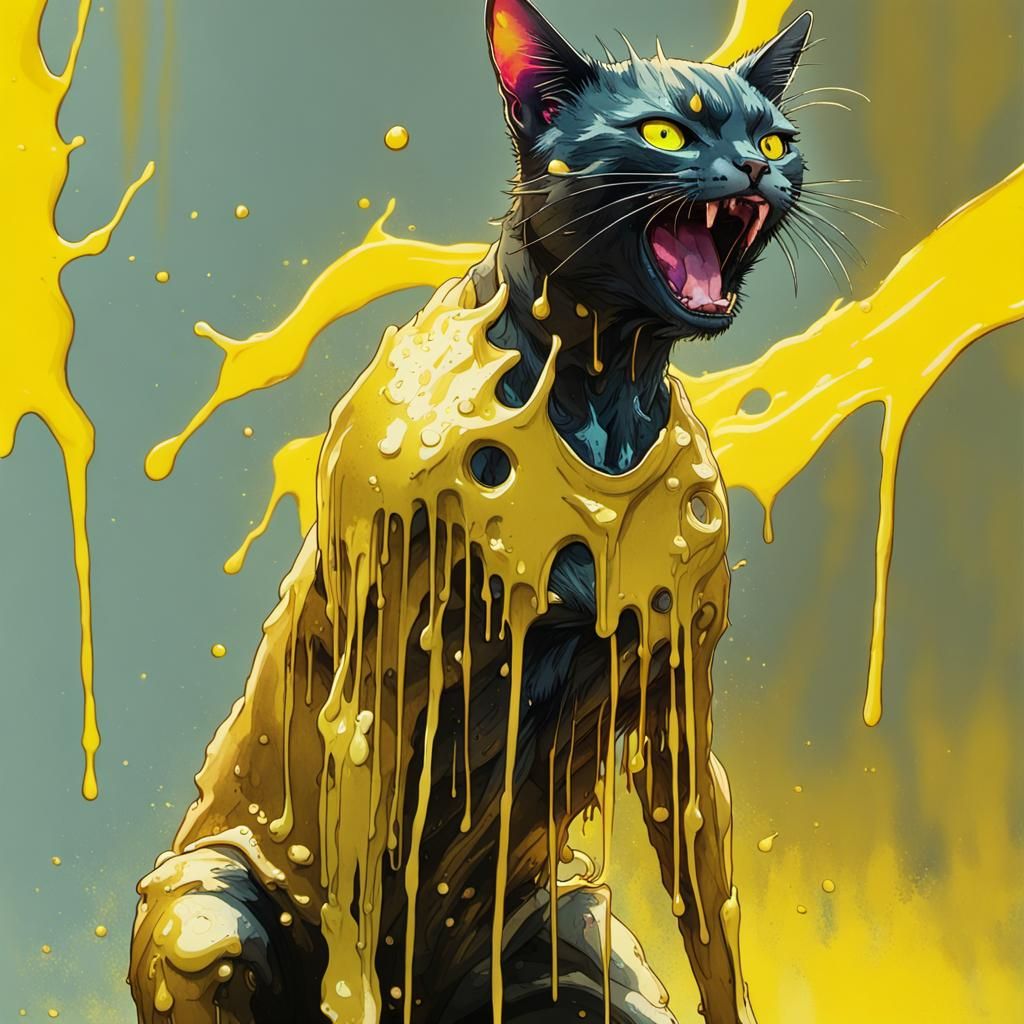 Golden Disk and Neon Cat in Cyberpunk Style