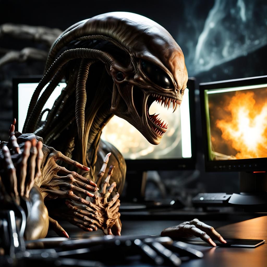 Alien Emerges from Monitor with Fire Burst Effect