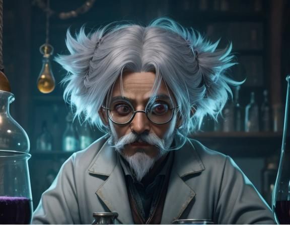 Alchemist Professor Brewing Potions in Dim Light