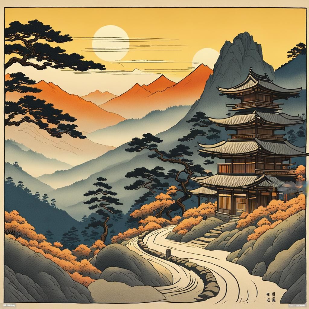 Japanese Mountain Path in Ukiyo-e Style