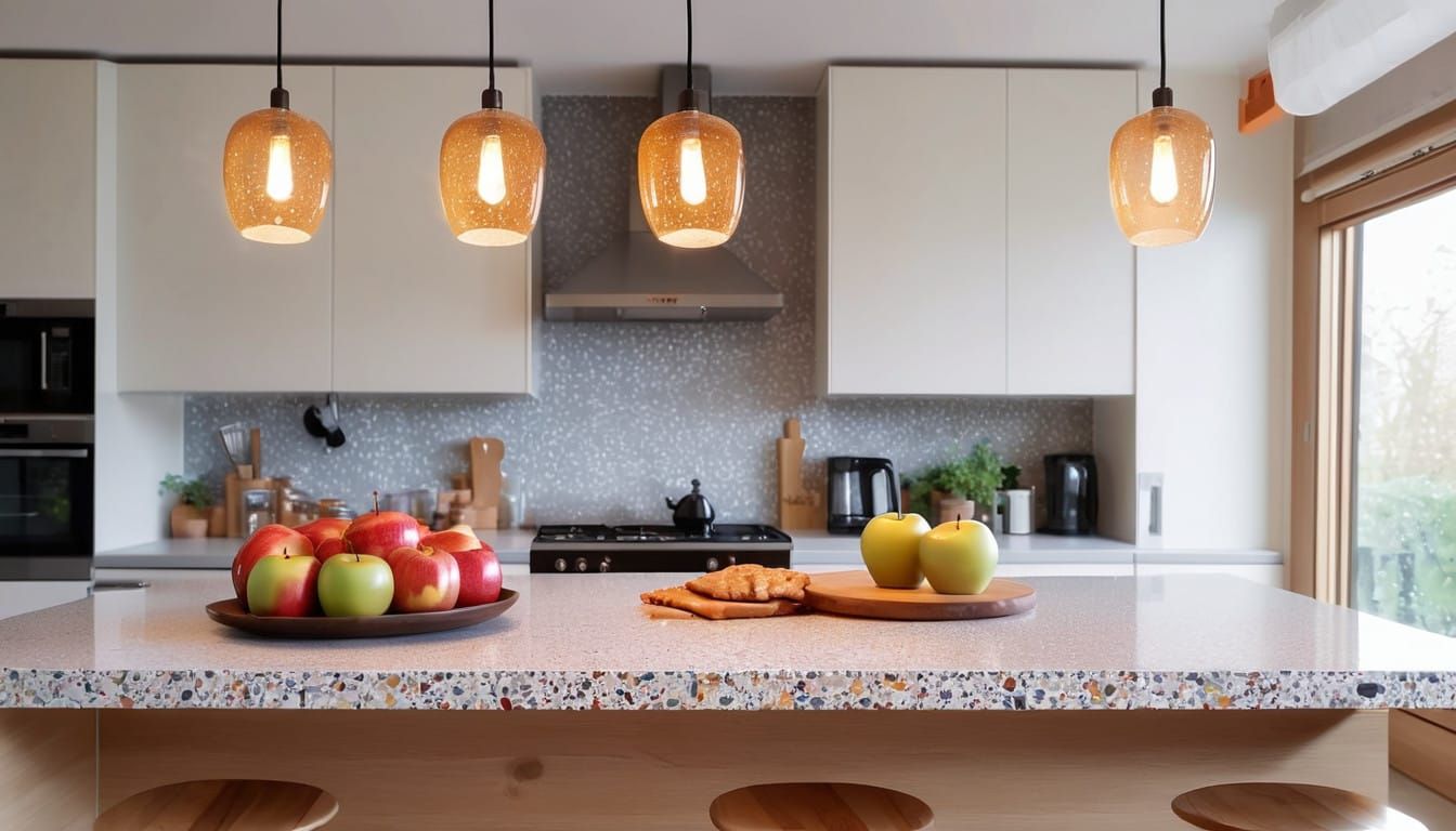 Cozy Kitchen Oasis with Terrazzo Island and Warm Lighting