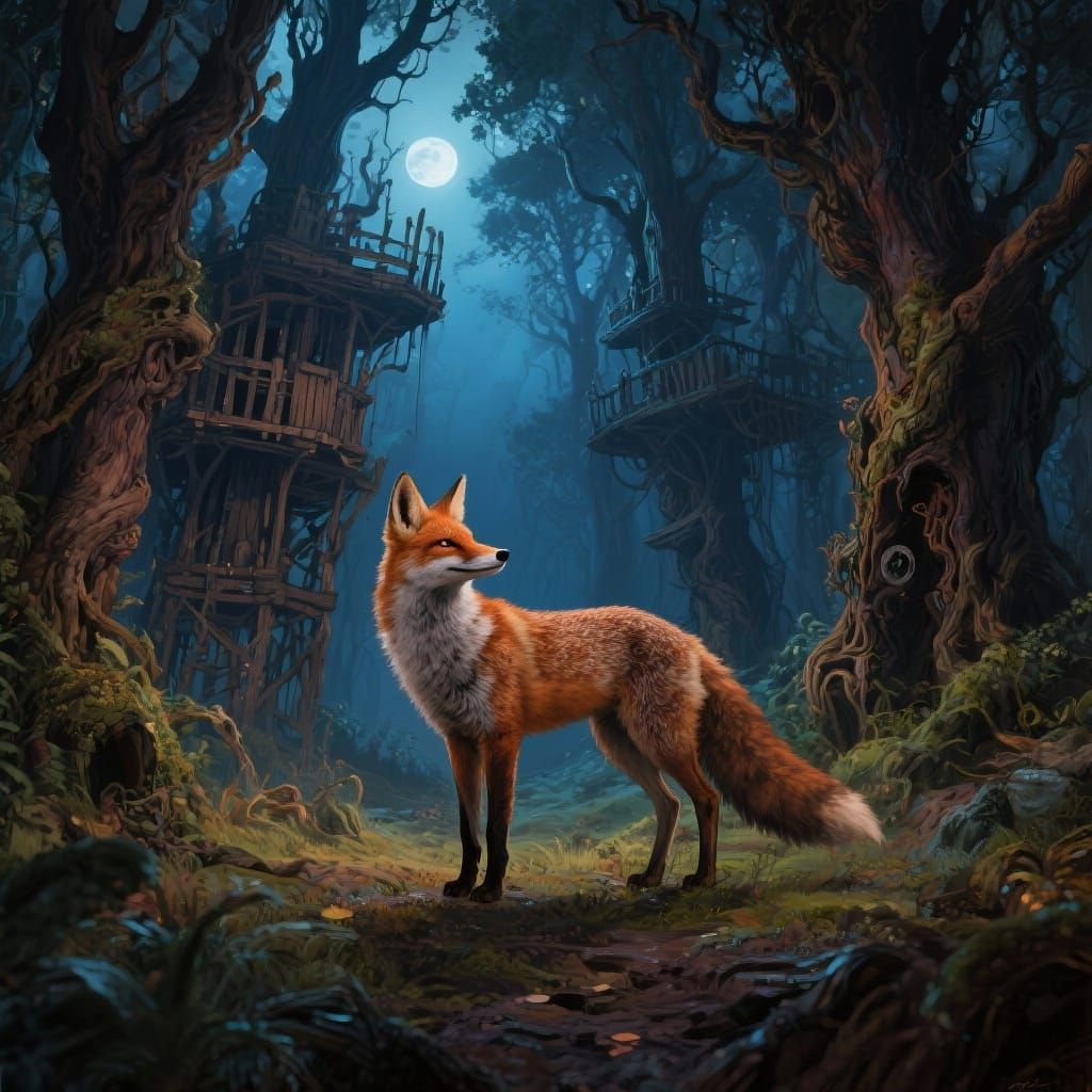 Solitary Fox in Ancient Forest at Twilight Digital Painting