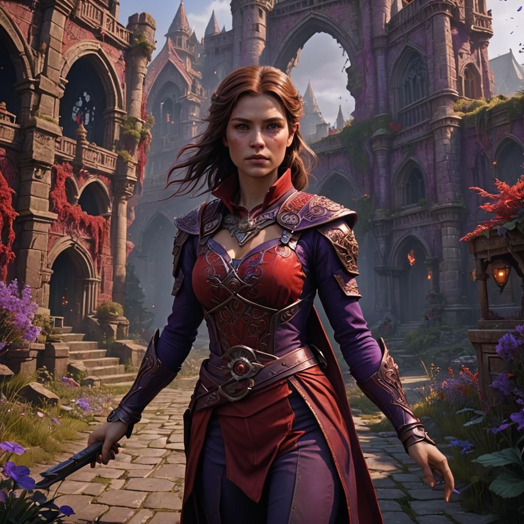 Woman in Red and Purple: Detailed Matte Painting